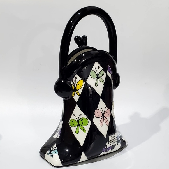10" Handbag Purse Ceramic Harlaquin Black White Diamin Butterflies MacKensie Art - Picture 3 of 11